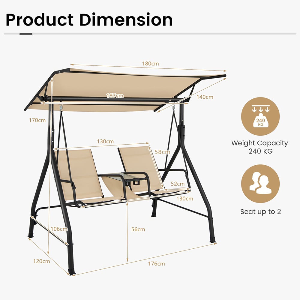 Costway 2 Seater Beige Adjustable Canopy Patio Swing Image 9