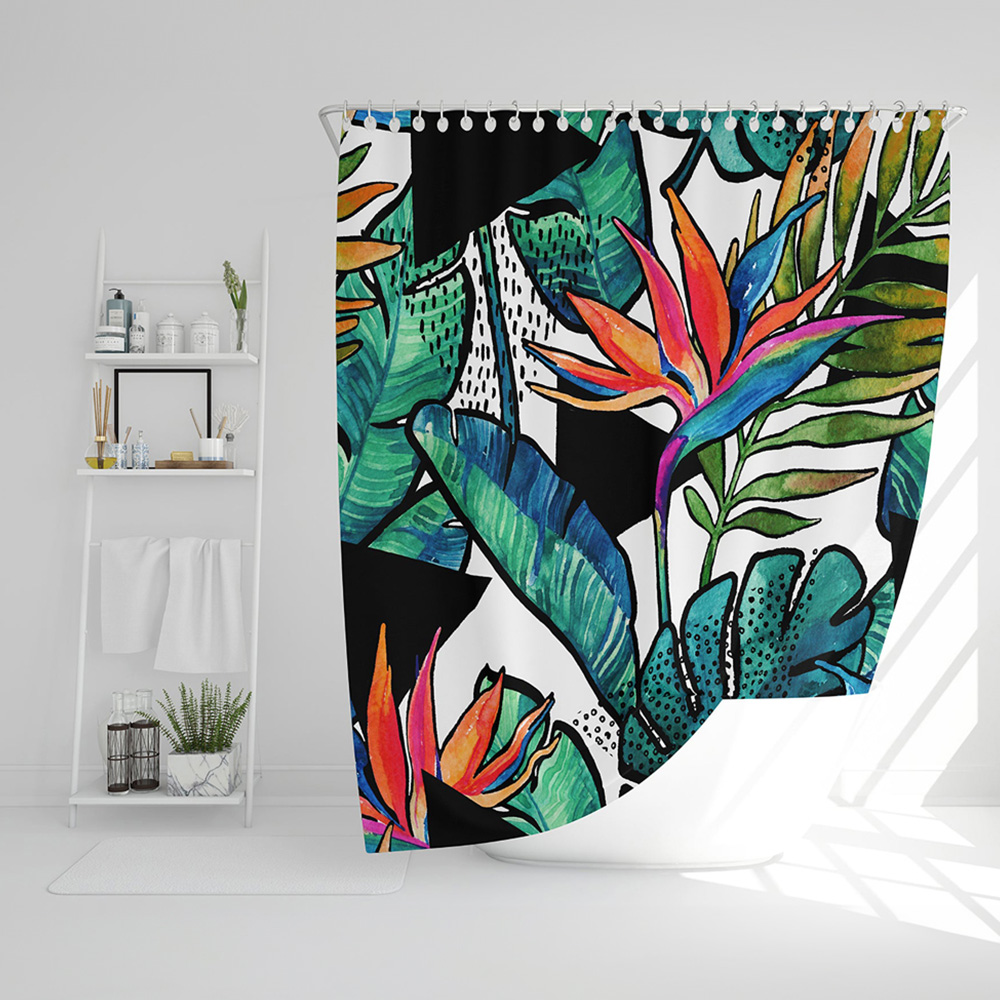 Benjamin Tate Design Green Tropical Leaves and Flowers Shower Curtain 170 x 170cm Image 2