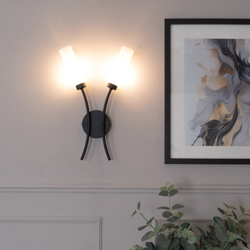 ValueLights Maya 2 Way Matt Black Curved Upright Reed Shaded LED Wall Light 2 Pack Image 2