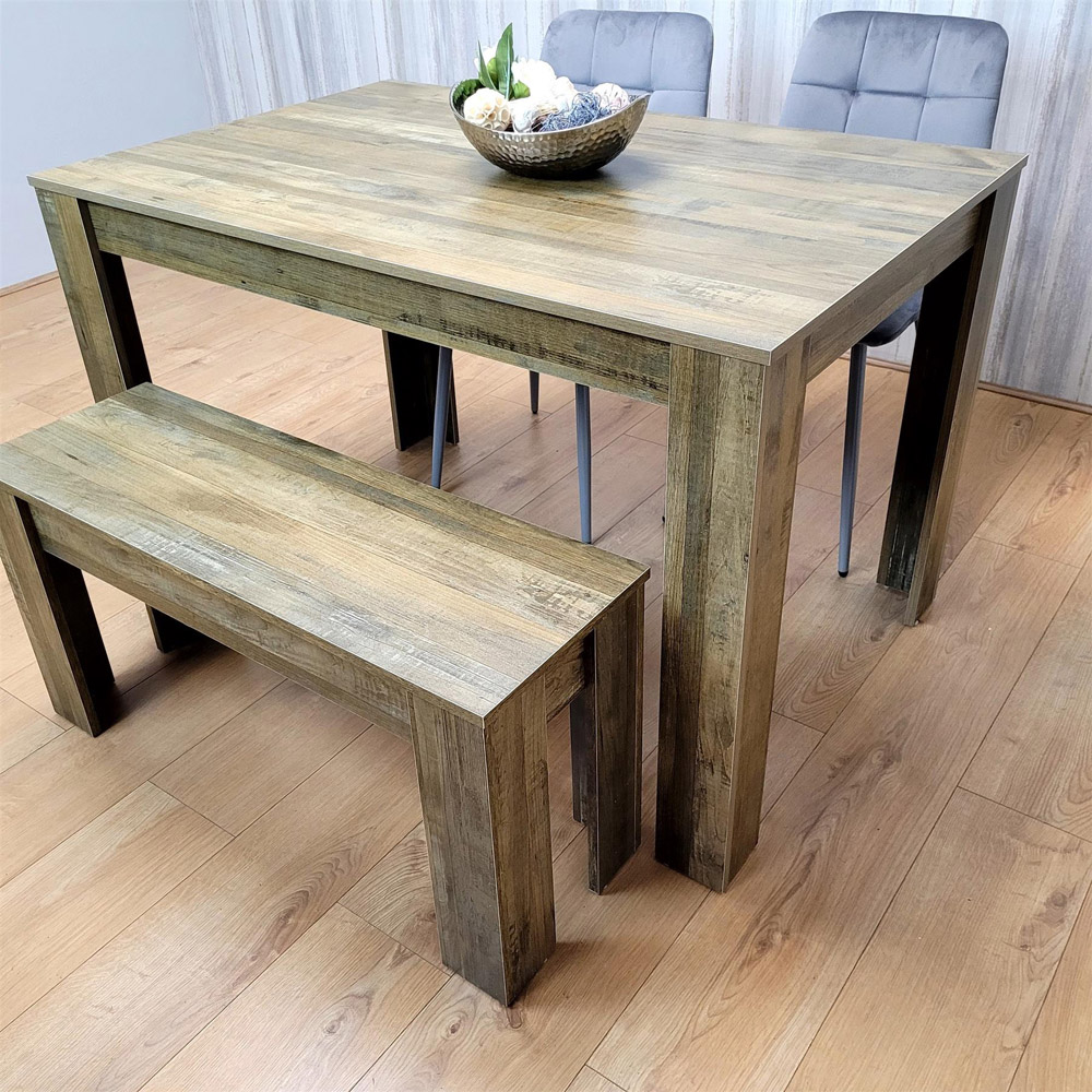 Portland 4 Seater Dining Set Rustic Effect and Grey Velvet with Bench Image 7
