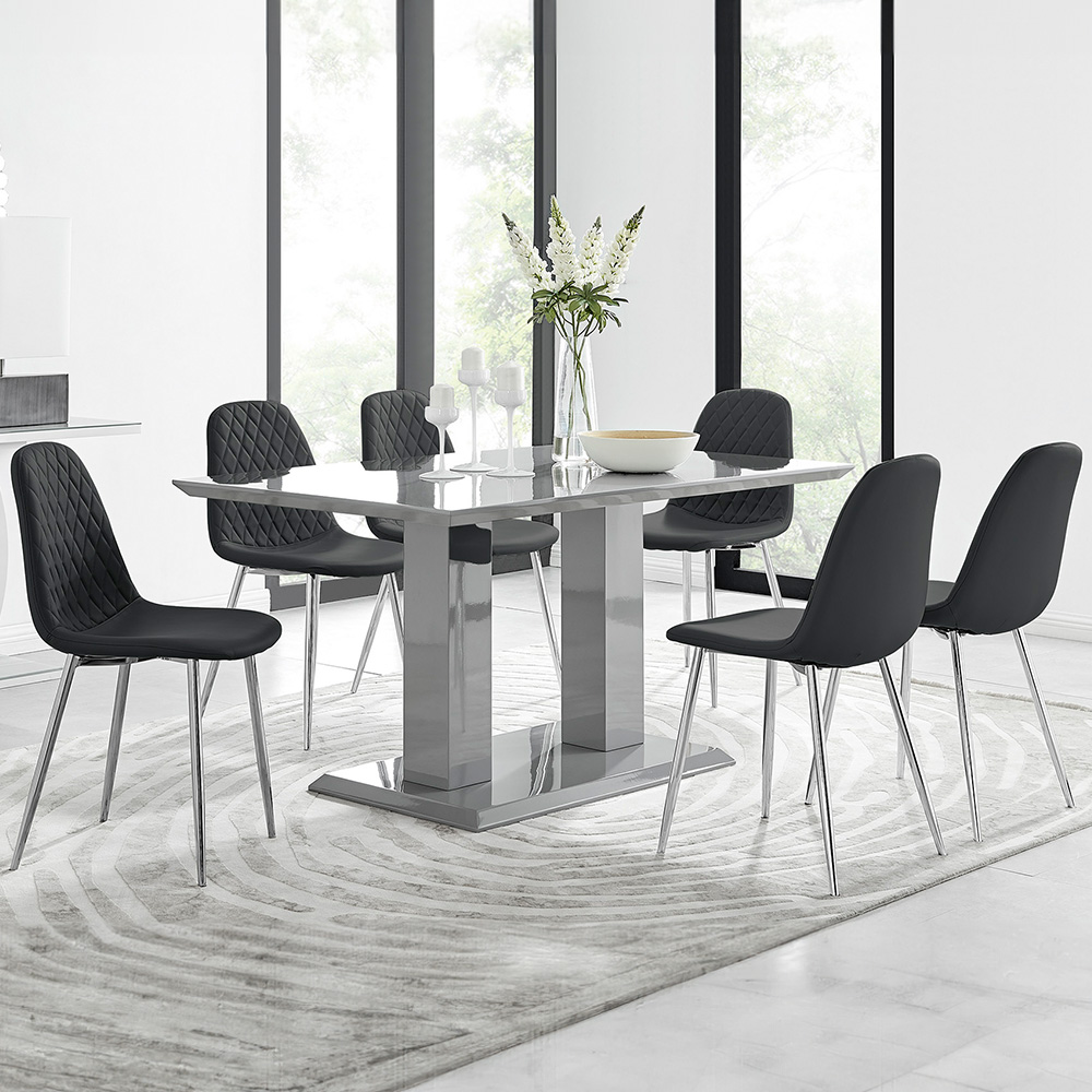 Furniturebox Molini Solara 6 Seater Dining Set Grey Gloss Black and Chrome Image 1