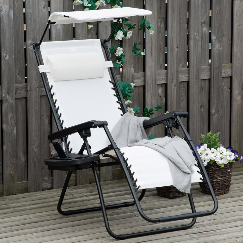 Outsunny White Zero Gravity Foldable Garden Recliner Chair with Canopy Image 1