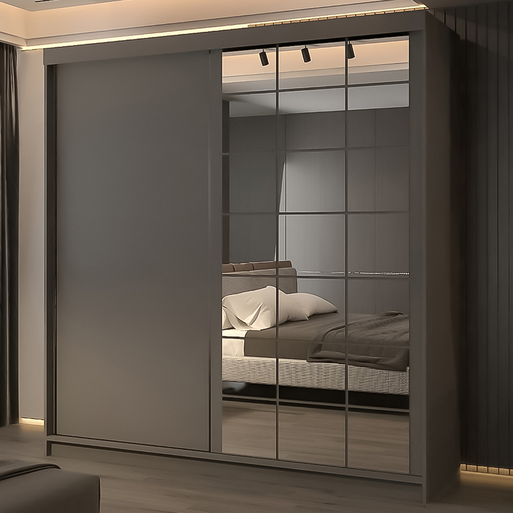 M N Furniture Collian 2 Door Grey Mirrored Sliding Wardrobe 200cm Image 1