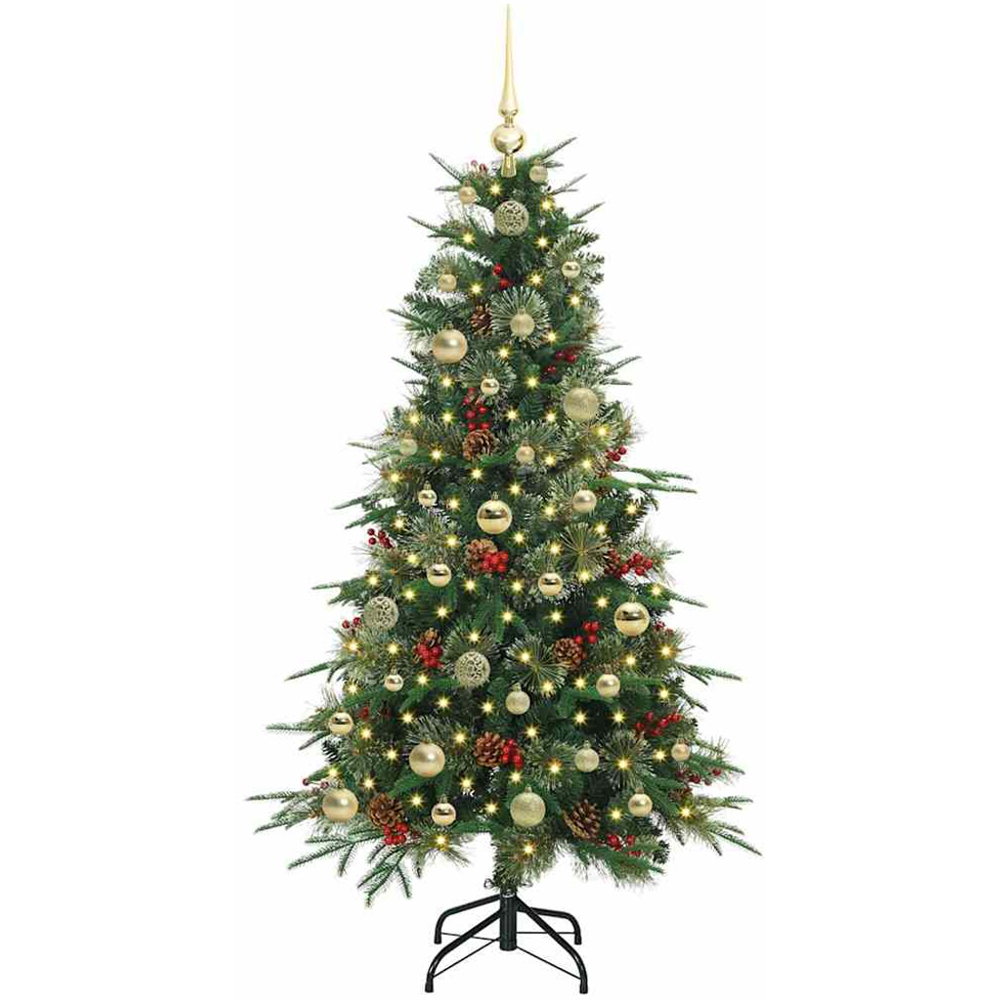 vidaXL Pre-Lit Gold Baubles Green Artificial Hinged Christmas Tree 5ft Image 1
