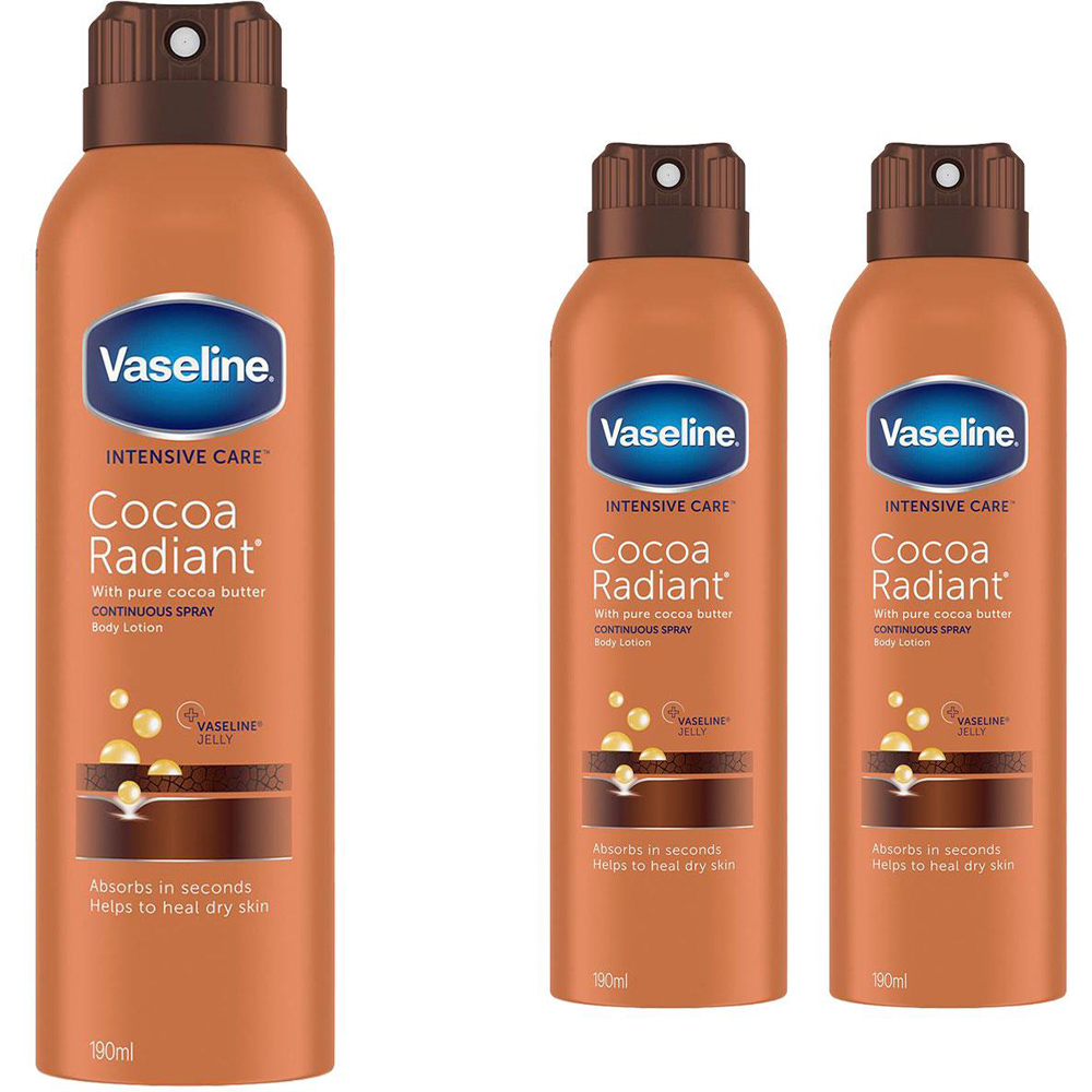 Vaseline Intensive Care Cocoa Radiant Moisturiser Body Lotion Spray 190ml 3 Pack Image 1