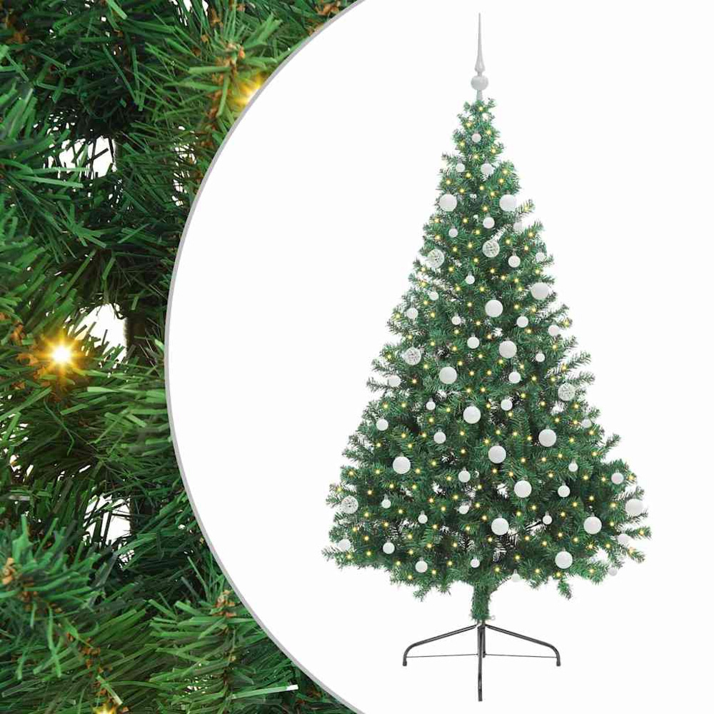 vidaXL Pre-Lit White Baubles Green Artificial Christmas Tree 6ft Image 2