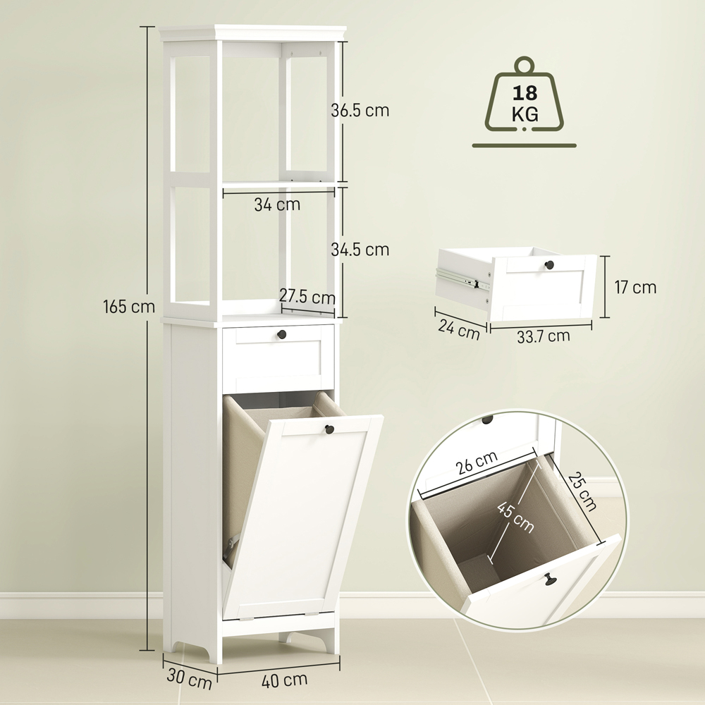 HOMCOM Single Drawer 2 Shelf White Slim Bathroom Storage Unit with Tilt Out Laundry Cabinet Image 9