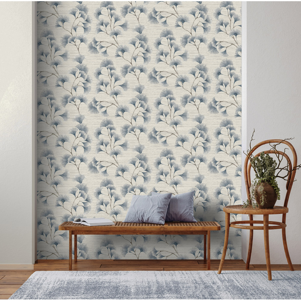 Arthouse Ginkgo Leaf Trail Blue and Grey Wallpaper Image 3