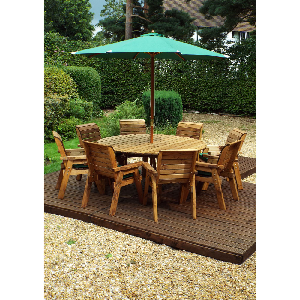 Charles Taylor Solid Wood 8 Seater Round Outdoor Dining Set with Green Cushions Image 9