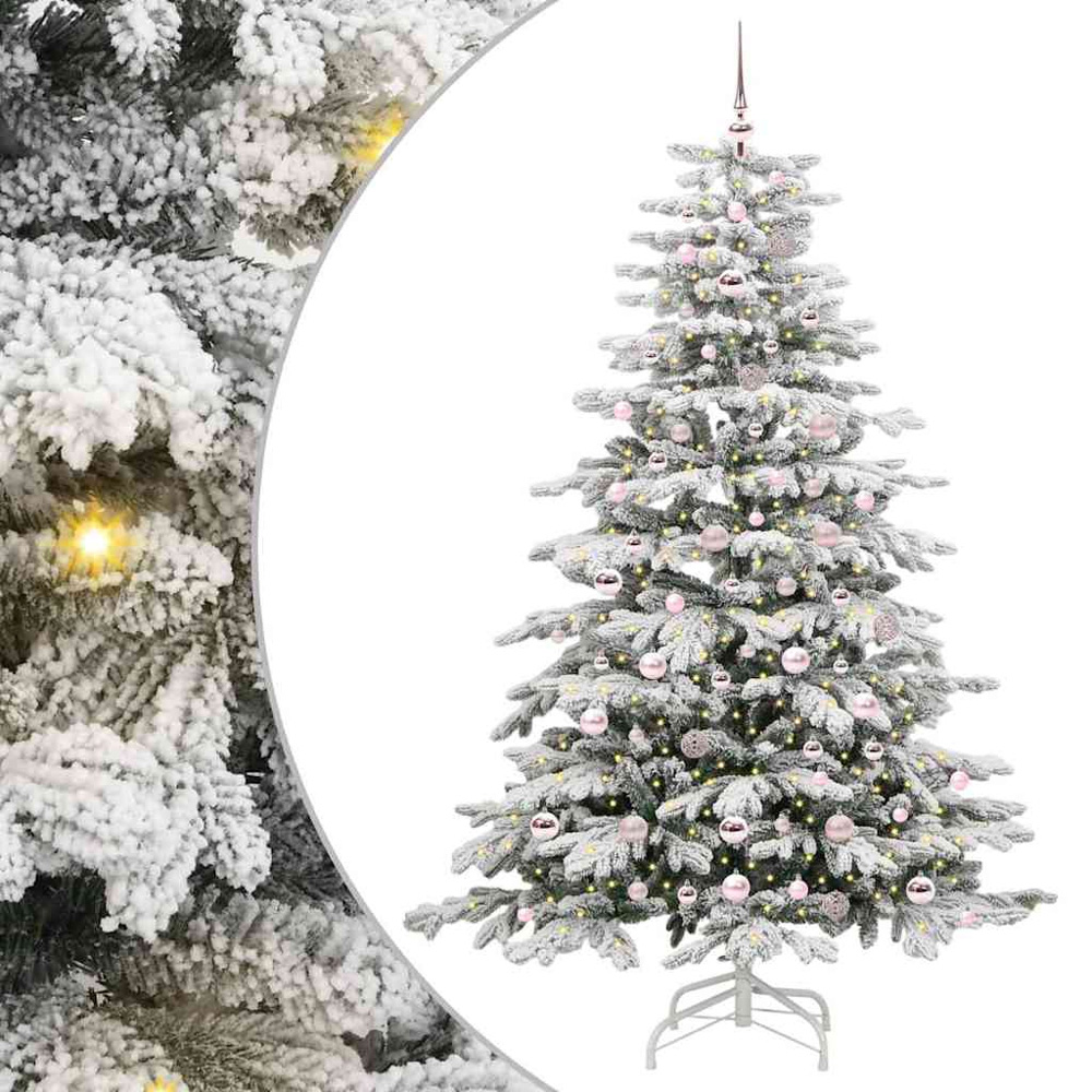 vidaXL Pre-Lit Pink Baubles White Artificial Snow Flocked Christmas Tree 7ft Image 2
