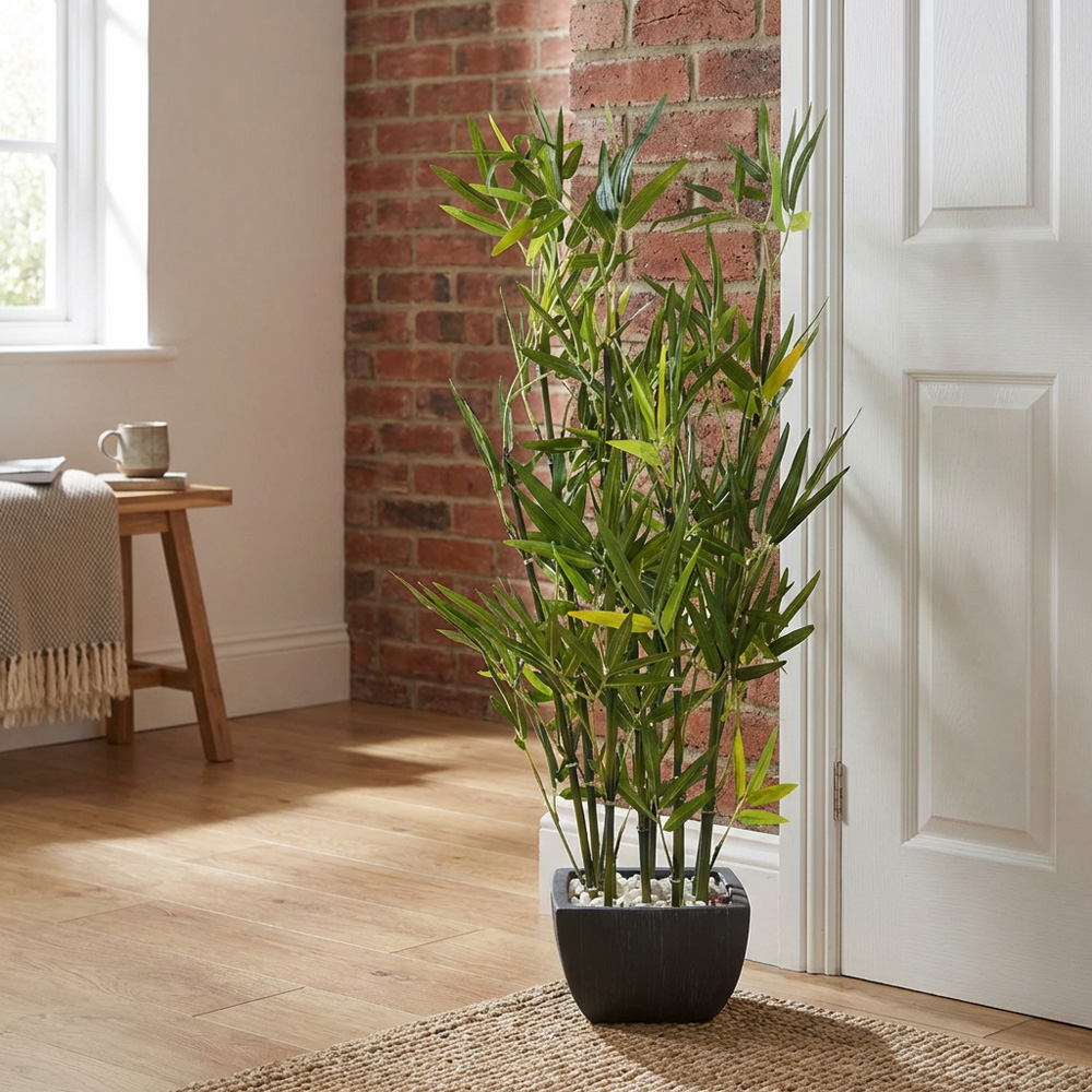 Artificial Green Bamboo Plant in Black Terracotta Pot with Pebbles Image 4