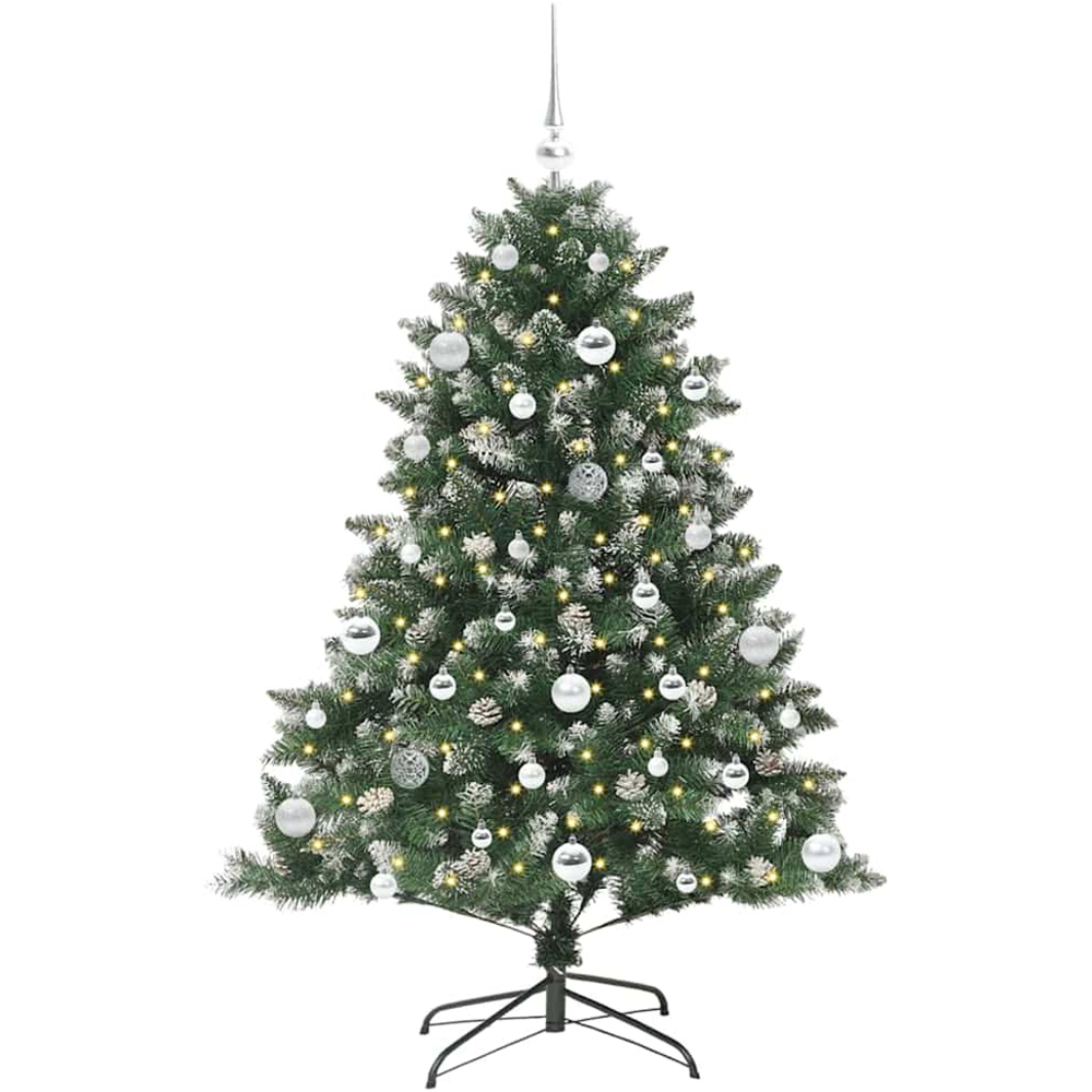 vidaXL Pre-Lit Silver Baubles Green Artificial Snow Tipped Christmas Tree 5ft Image 1
