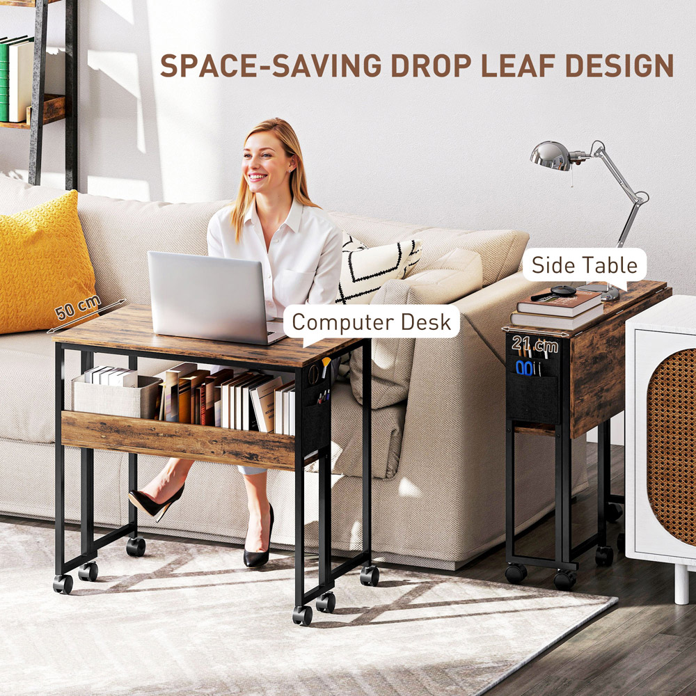 HOMCOM Single Shelf Foldable Computer Desk with Wheels and Side Bag Rustic Brown Image 4