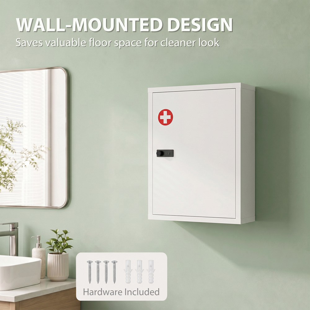 HOMCOM Single Door White Wall-Mounted Medicine Cabinet with Combination Lock Image 8