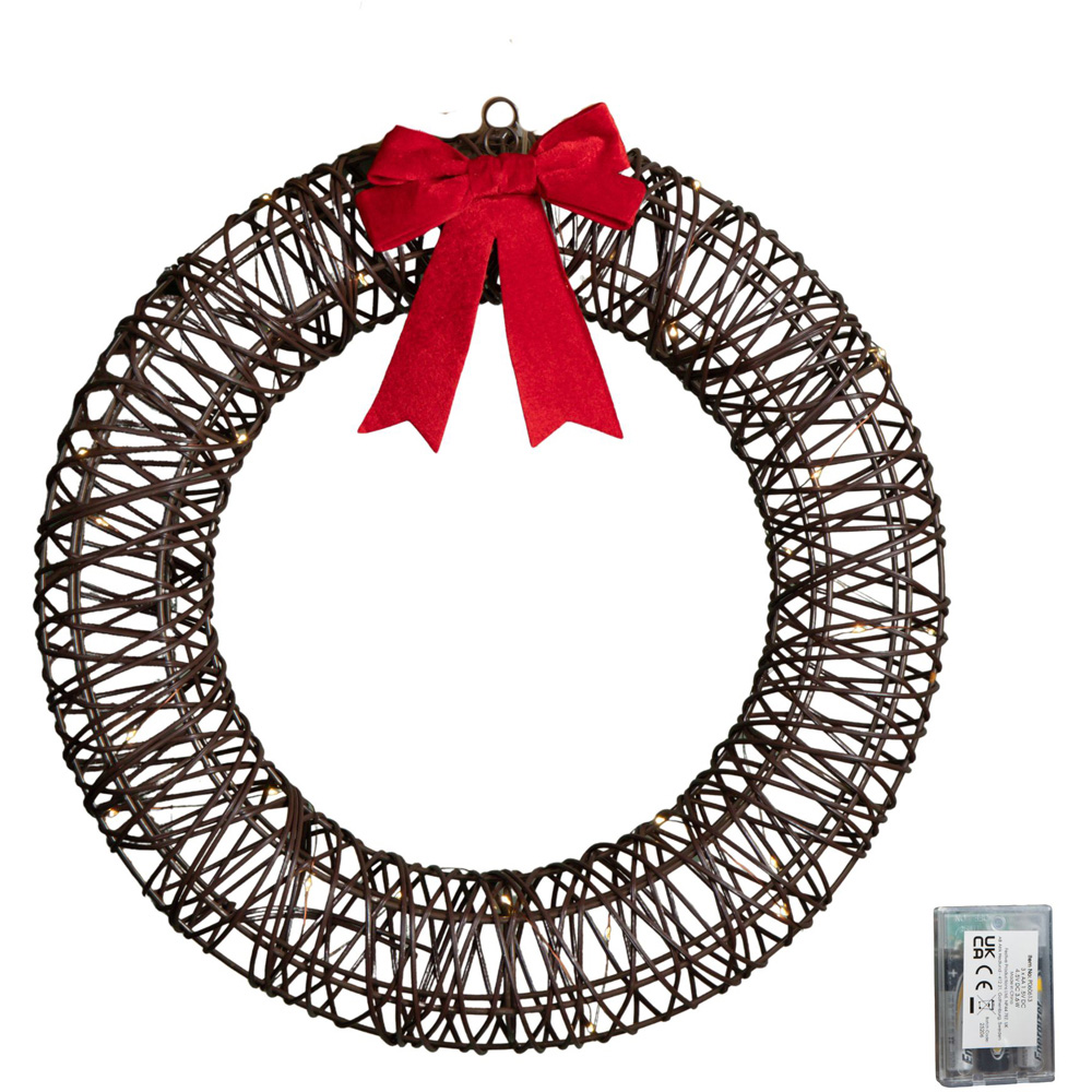 Samuel Alexander 40 Warm White LED Battery Operated Light Up Christmas Wreath with Red Bow 50cm Image 3