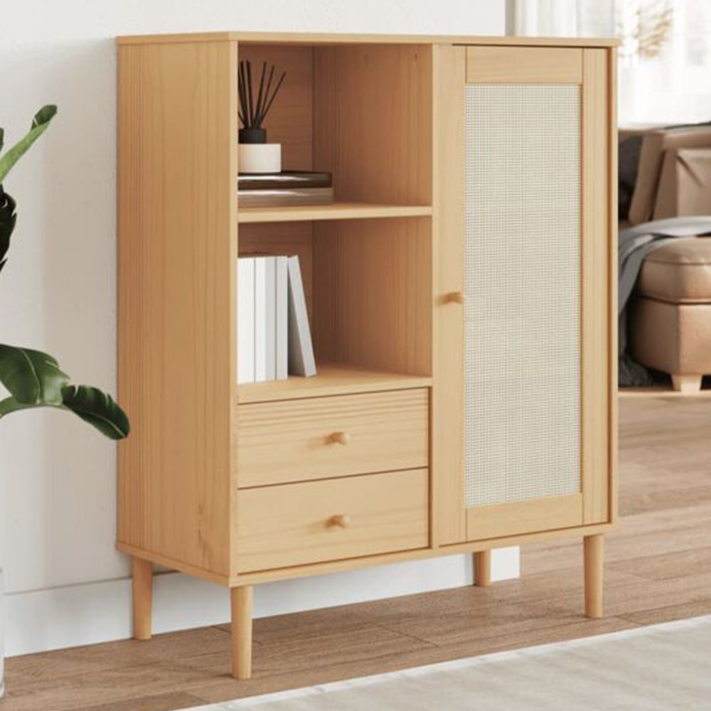 vidaXL Senja Single Door 2 Drawer 2 Shelf Brown Solid Pine Wood Rattan Look Highboard Image 1