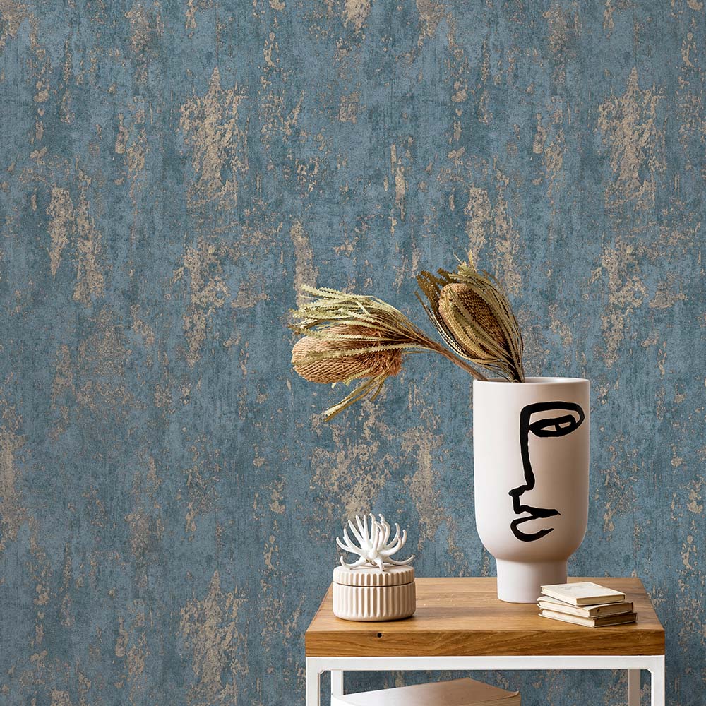 Erismann Industrial Texture Turquoise and Soft Gold Metallic Vinyl Wallpaper Image 4