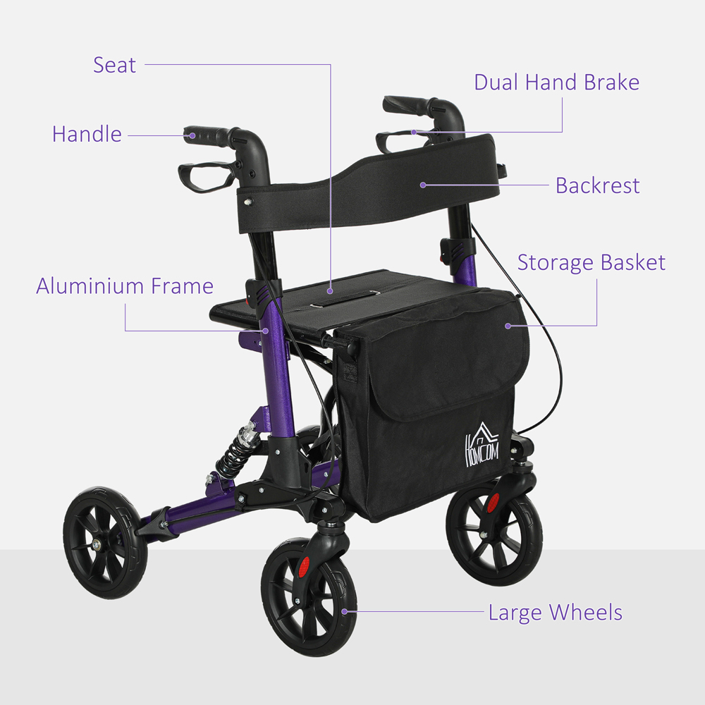 HOMCOM Purple 4-Wheel Foldable Rollator Walker with Suspension Seat and Storage Bag Image 8