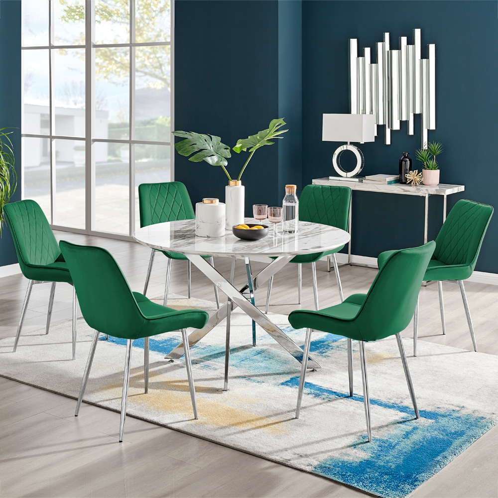 Furniturebox Arona Cesano White Marble 6 Seater Round Marble Dining Set Green Image 1