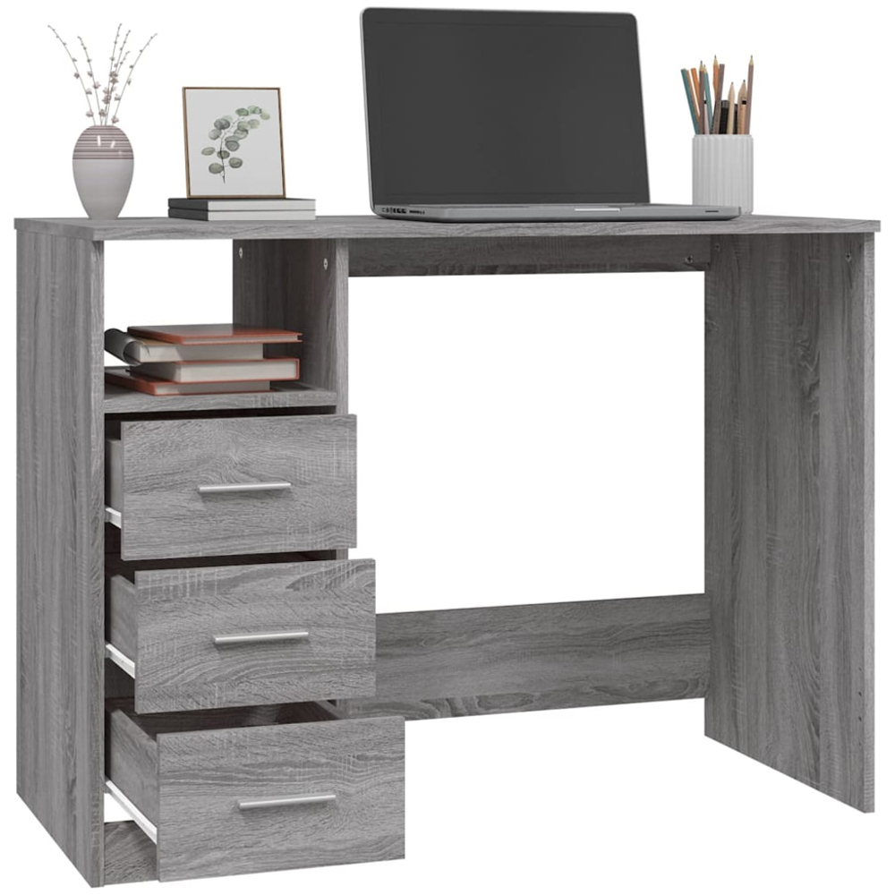 vidaXL 3 Drawer Single Shelf Computer Desk Grey Sonoma Image 4