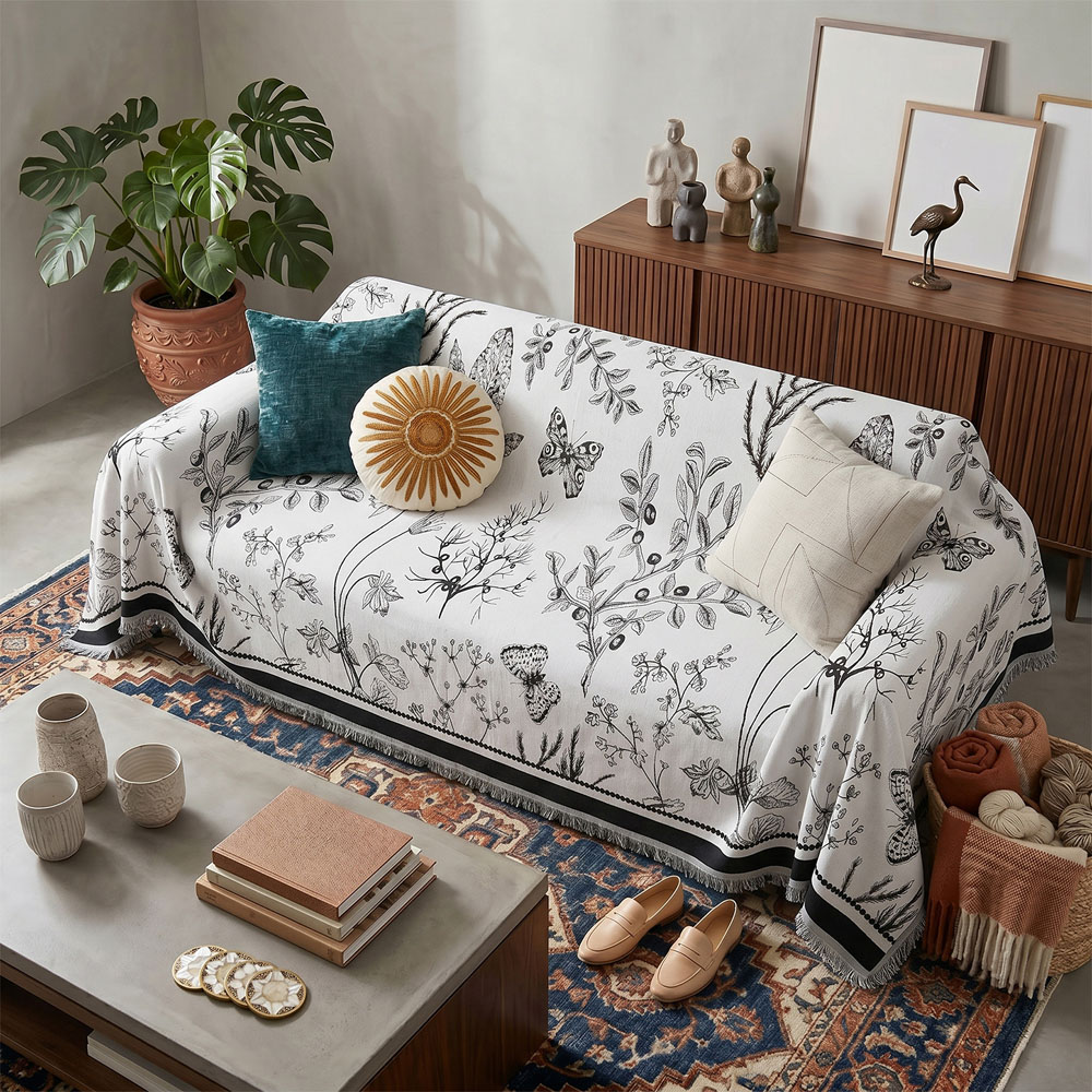 Living and Home 2 Seater White and Black Butterfly Chenille Sofa Cover Image 2