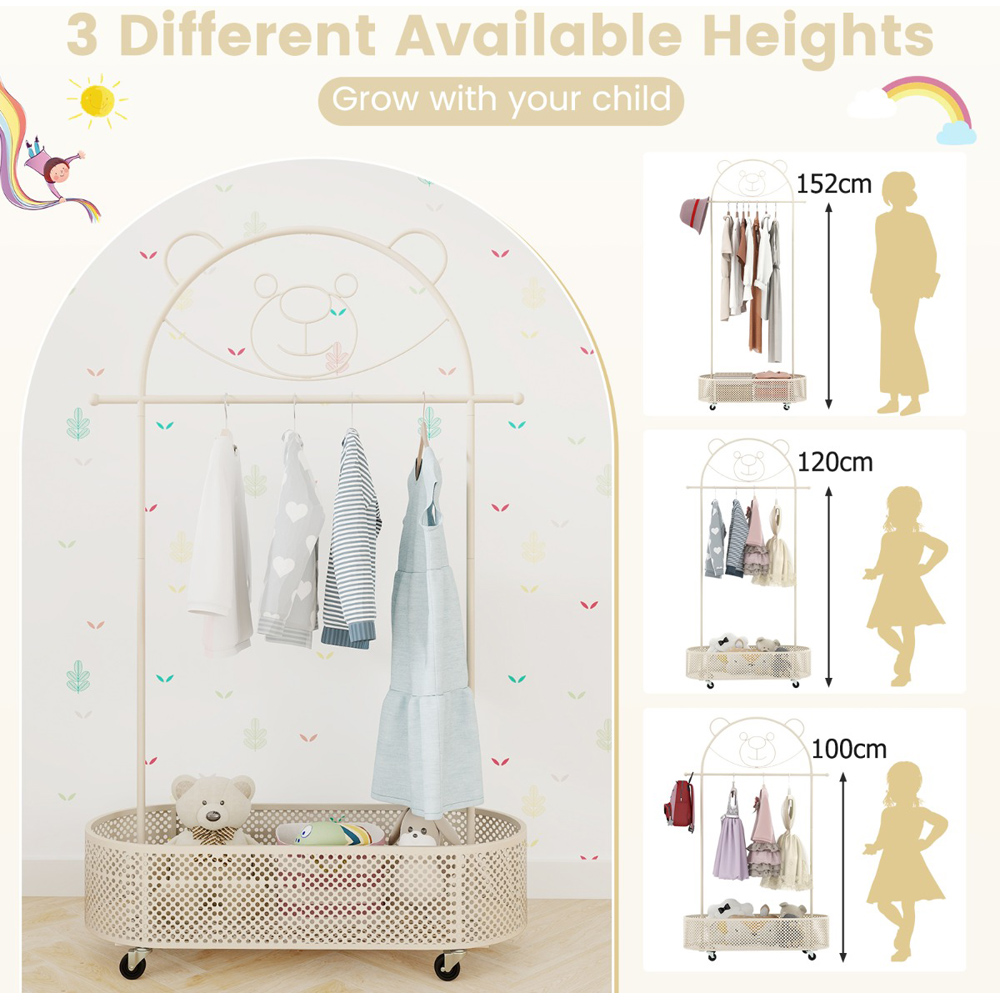 Costway White Adjustable Height Kid Clothes Rack with Storage Basket Image 7