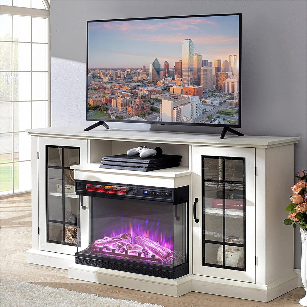 Living and Home 3 Side White TV Stand Surround Set Cabinet Electric Fireplace with Storage Shelf Image 8