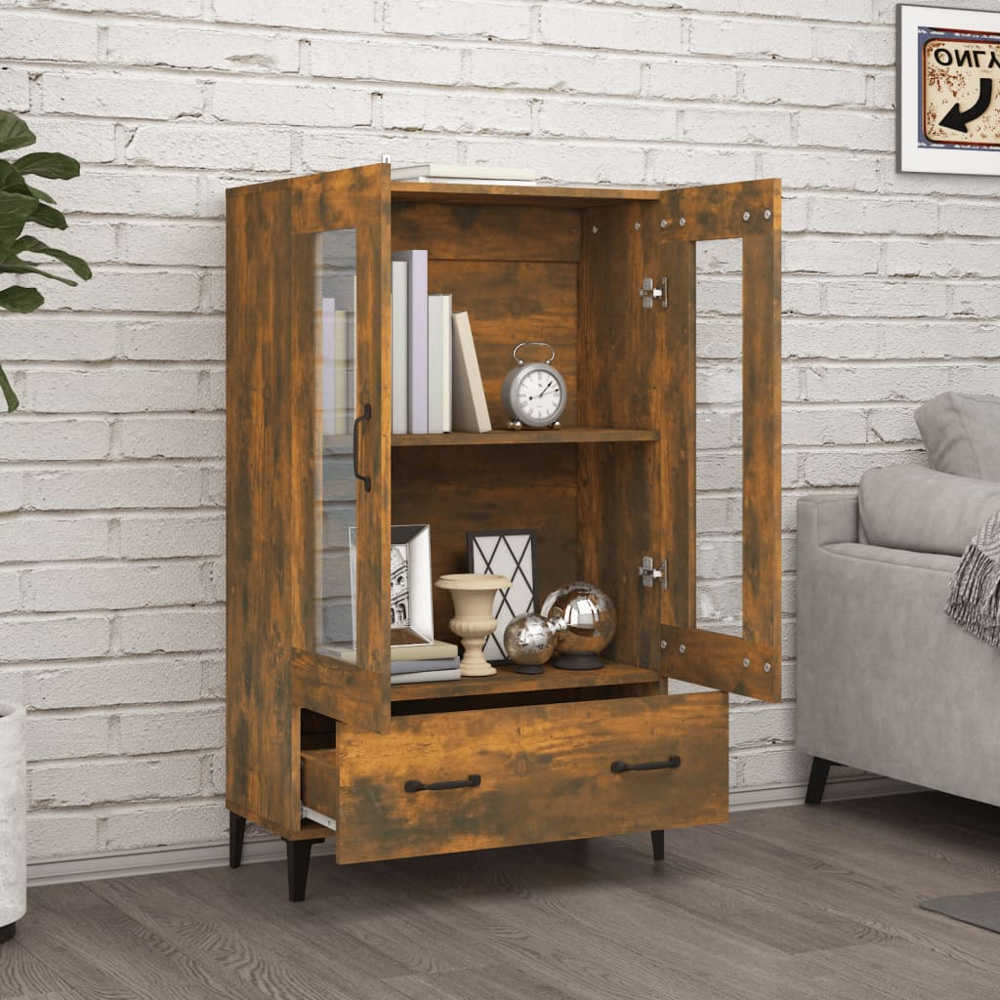 vidaXL 2 Glass Door Single Drawer Smoked Oak Highboard Image 7