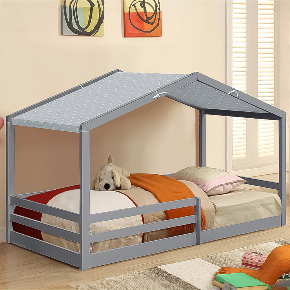 Brooklyn Single Grey Wooden House Style Bed with Grey Tent Image 1