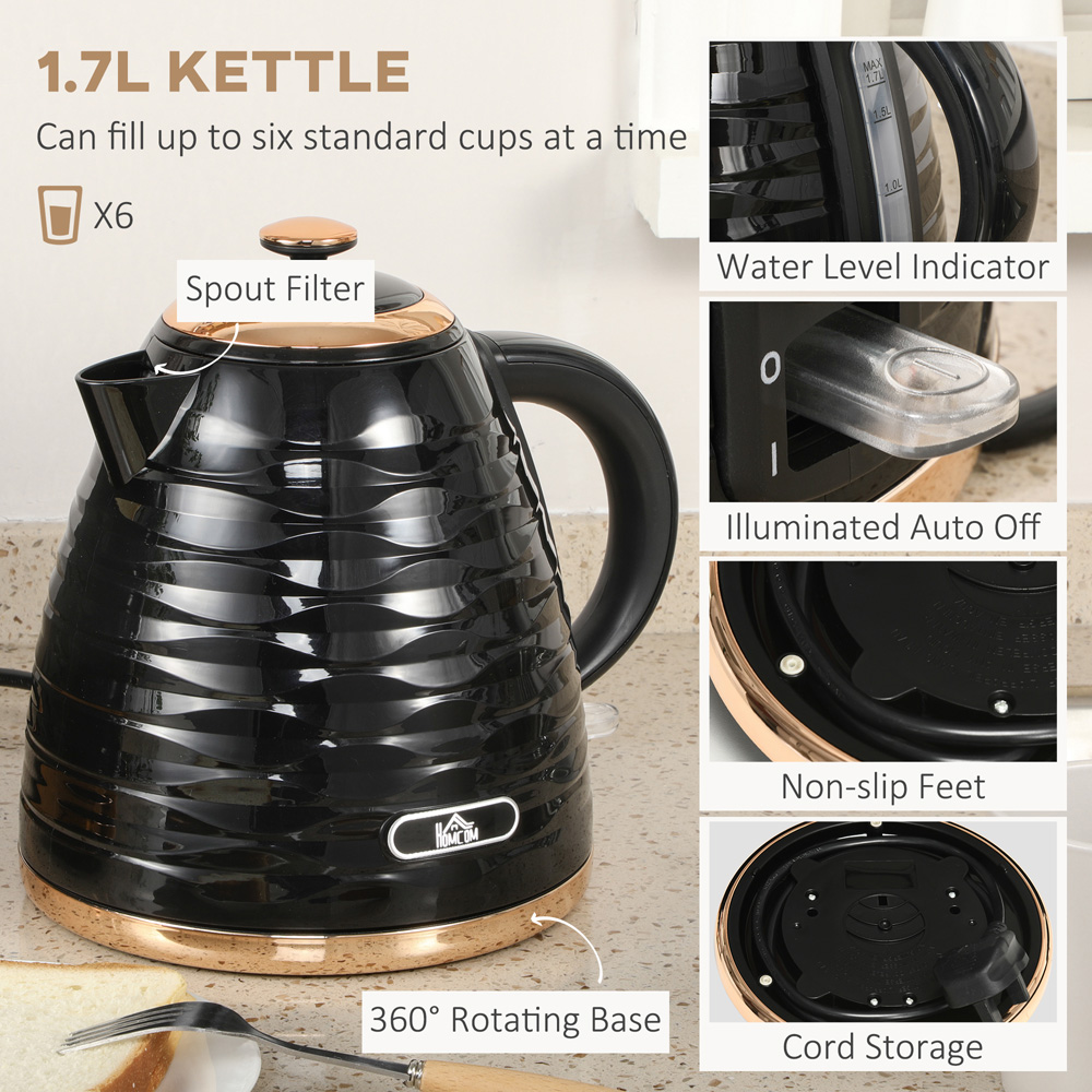 HOMCOM 800-162V70BK Black 1.7L Kettle and 4 Slice Toaster Set Image 4