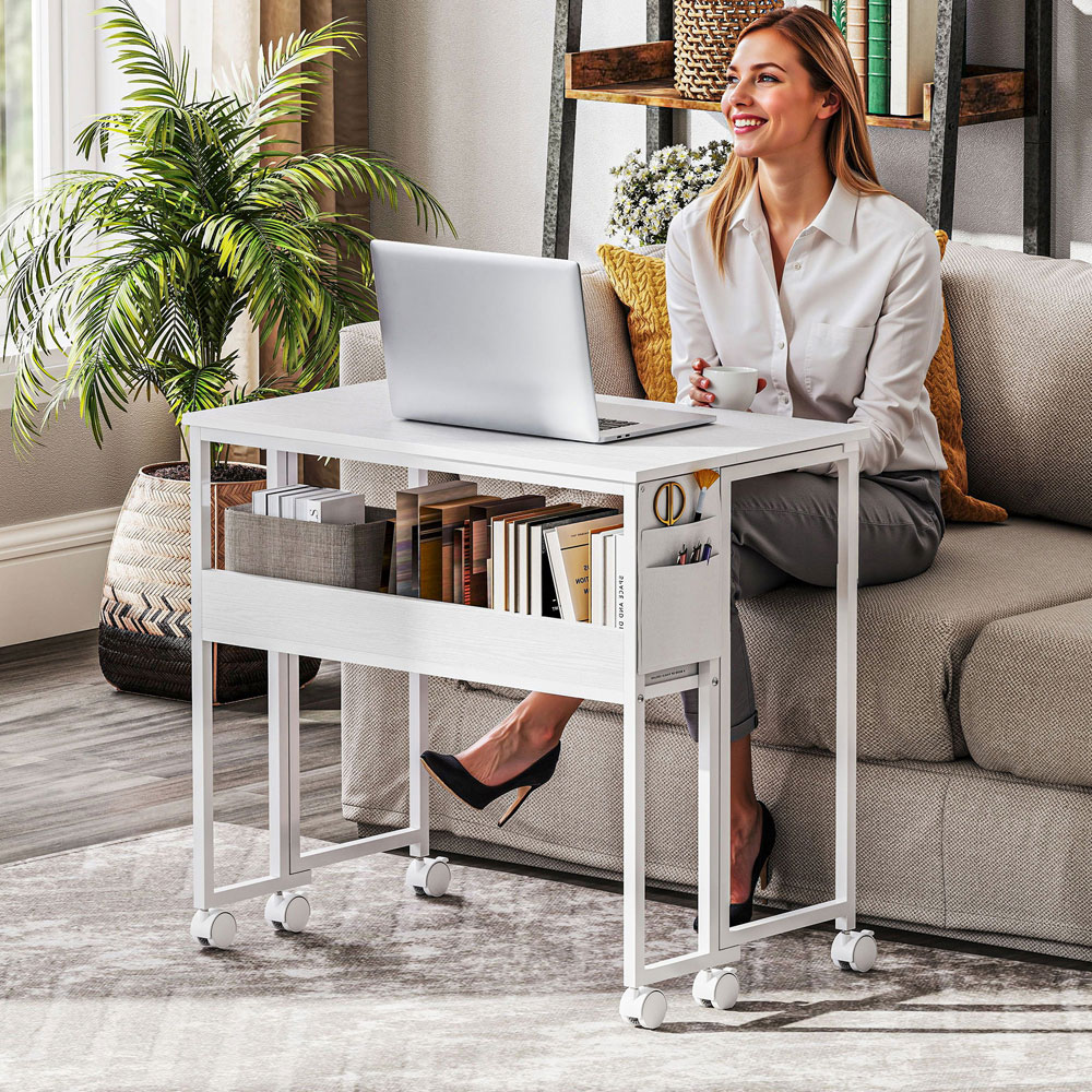 HOMCOM Single Shelf Foldable Computer Desk with Wheels and Side Bag White Image 3