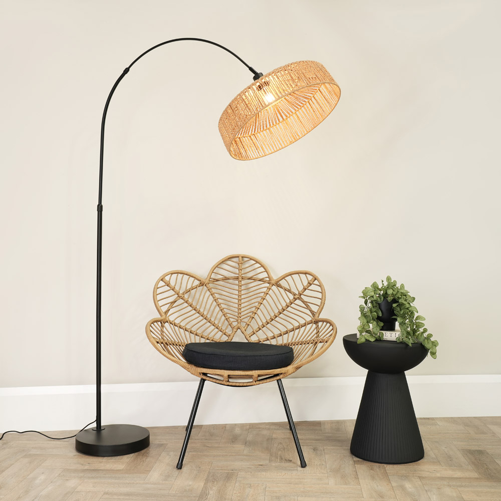 ValueLights Louis Natural Rope Pendant Shade Black Curved LED Floor Lamp Image 2