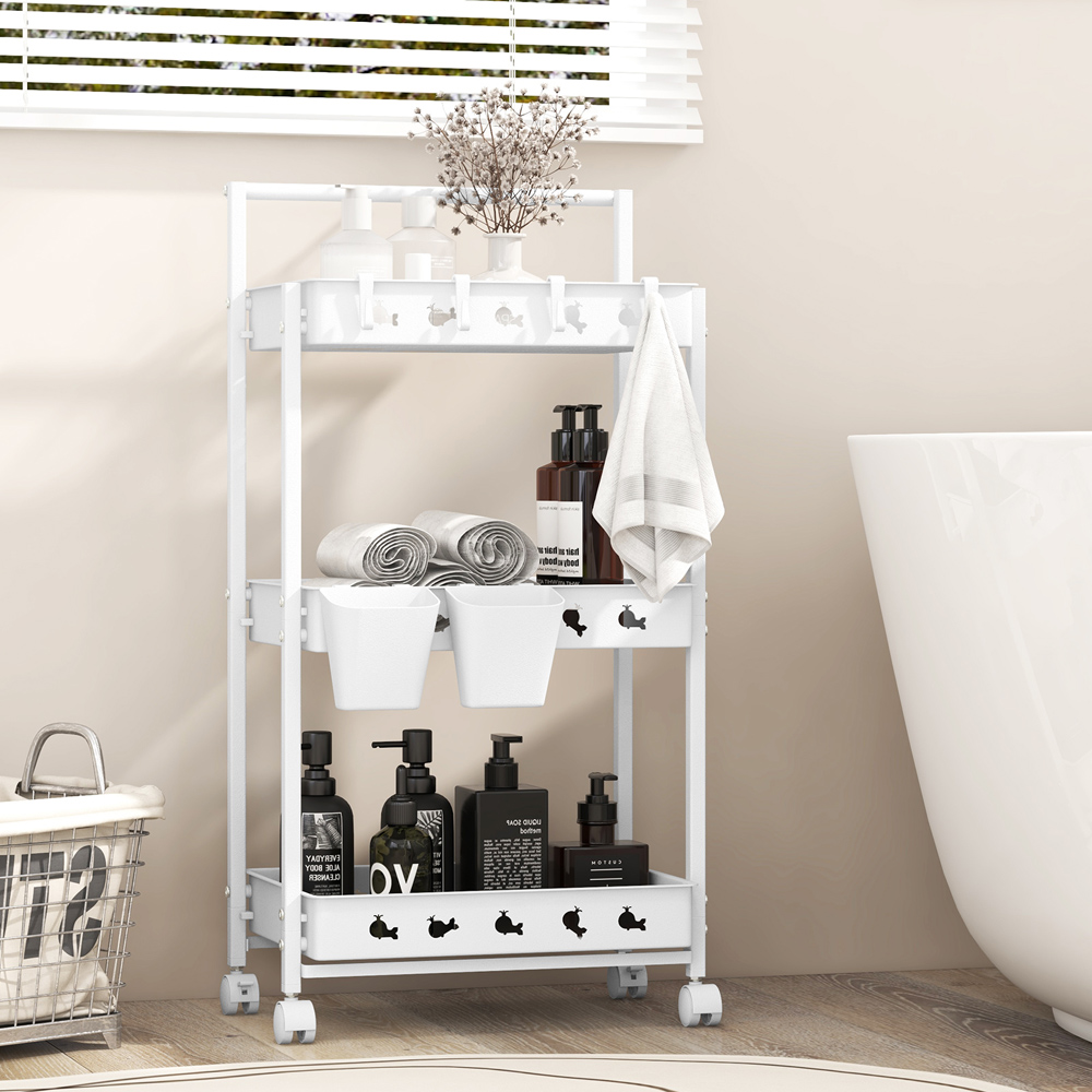 Costway 3 Shelf White Rolling Storage Cart with Hanging Cups and Hooks Image 4