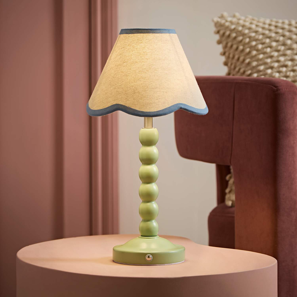 ValueLights Bobble Blue Scallop Shade Green Rechargeable Wooden LED Table Lamp Image 6