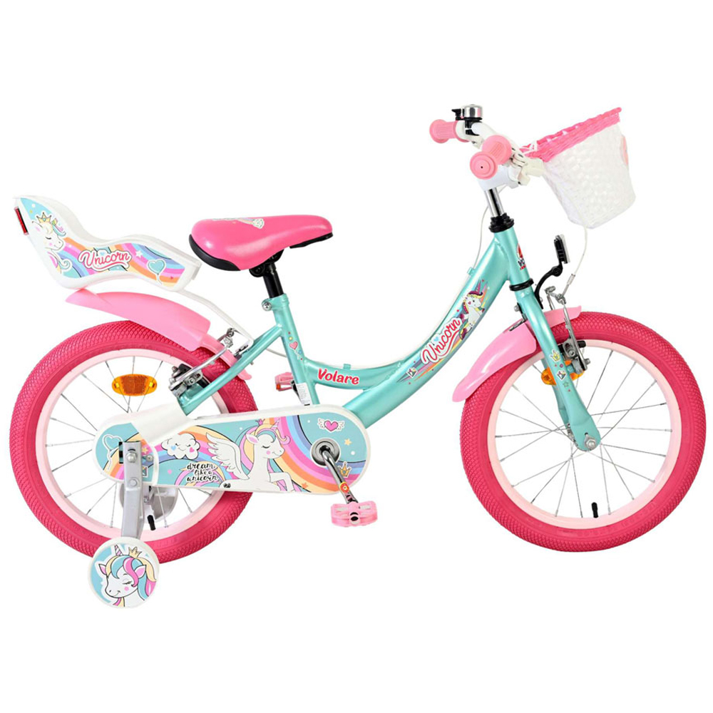 Volare Unicorn Kids 16 inch Green and Pink Bike with Stabilisers Doll Seat and Basket Image 6