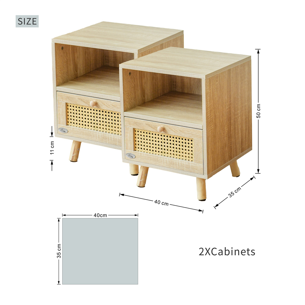 Abrihome Single Drawer Single Shelf Natural Wooden Rattan Nightstand Set of 2 Image 9