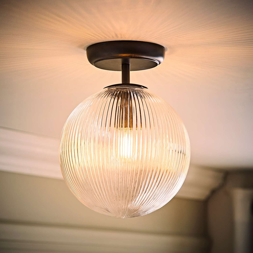 ValueLights Kempton Matt Black Ribbed Globe Shade Flush Ceiling Light with Bulb Image 2