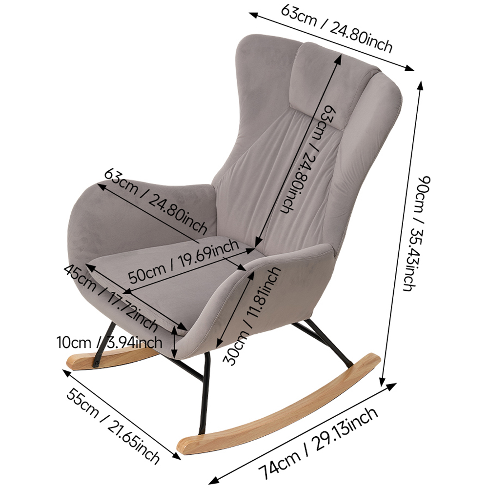 Living and Home Grey Velvet Upholstered Rocking Chair Image 9