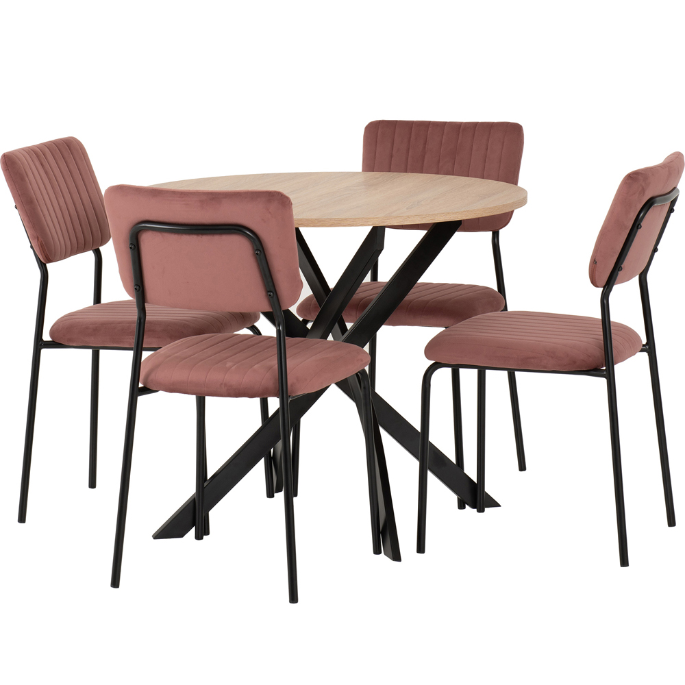 Seconique Sheldon Velvet Fabric 4 Seater Round Dining Set Sonoma Oak Effect Black and Pink Image 3