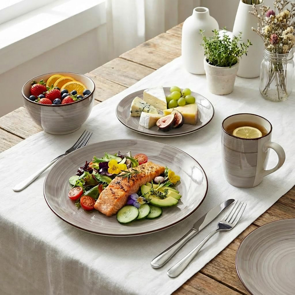 Alivio Spiral Glaze Chocolate Lead-Free Porcelain 16 Piece Dinner Set Image 2