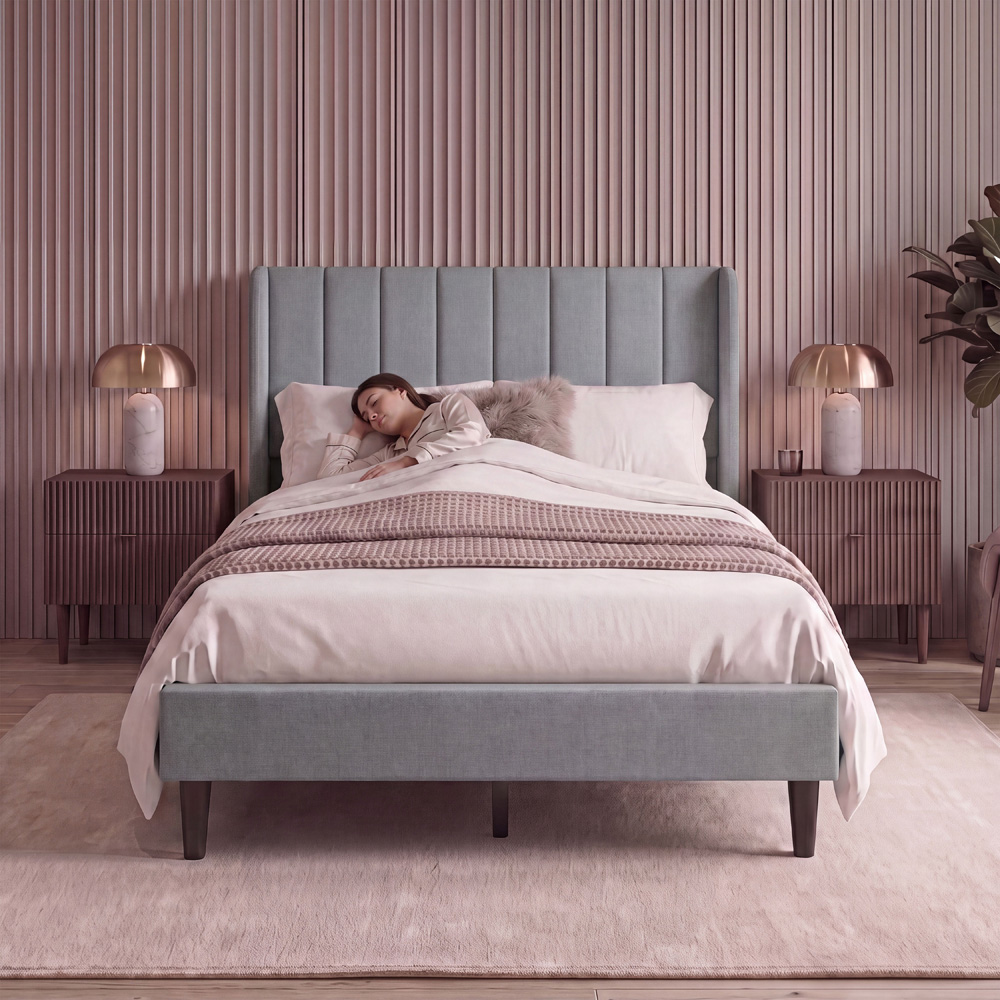 VIDA DESIGNS Vianna King Size Light Grey Linen Fabric Bed with Memory Foam Bonnell Spring Mattress Image 3