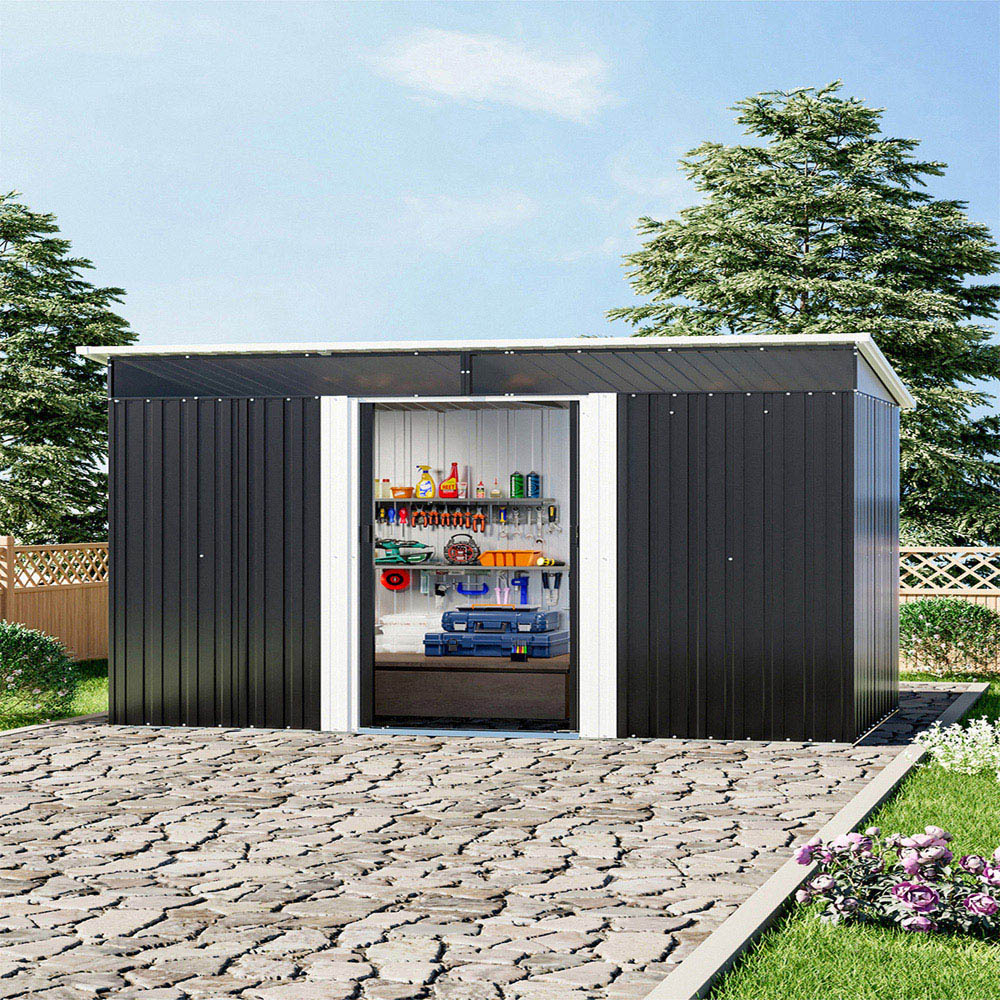 Living and Home 6 x 8.5ft Black Metal Garden Storage Shed with Lockable Sliding Doors Image 3