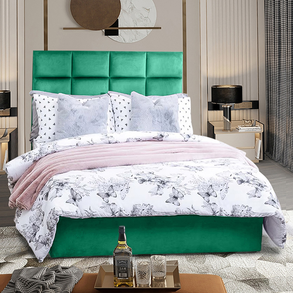 Eleganza Home Snoozer Small Double Emerald Plush Velvet Divan Bed with Headboard Image 1