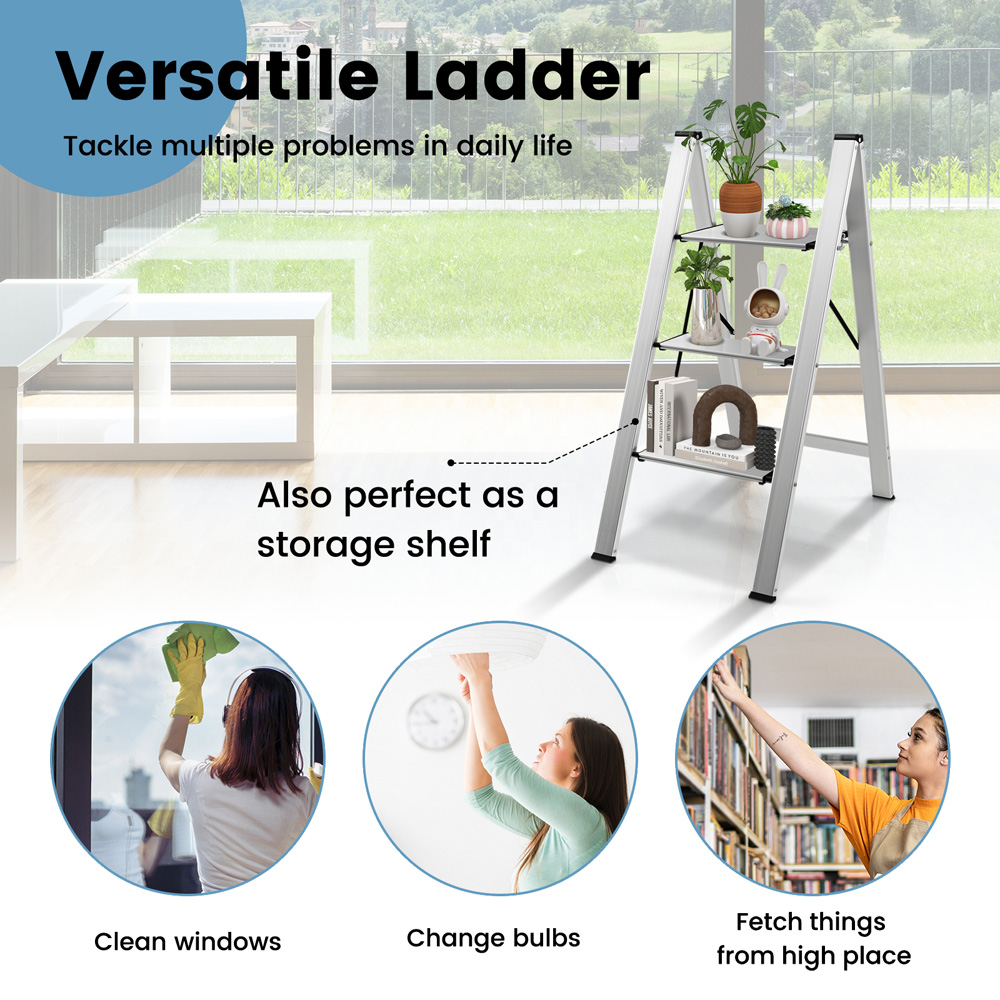 Costway 3 Step Silver Anti Slip Folding Ladder Image 5