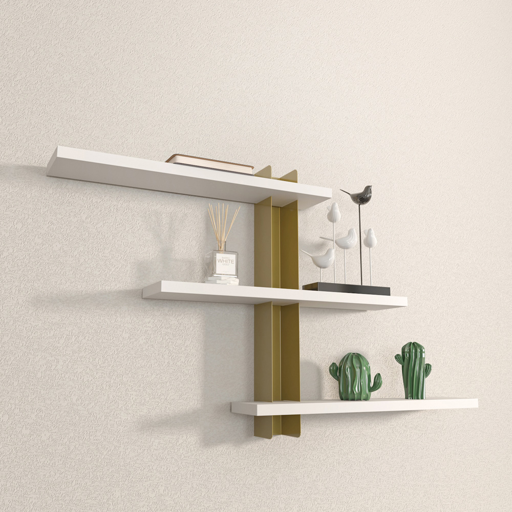 Decorotika Mita 3 Tier White and Gold Wall Mounted Shelf Image 3