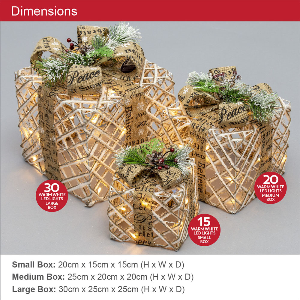 The Christmas Workshop Set of 3 Rattan LED Christmas Gift Box Lights Image 9