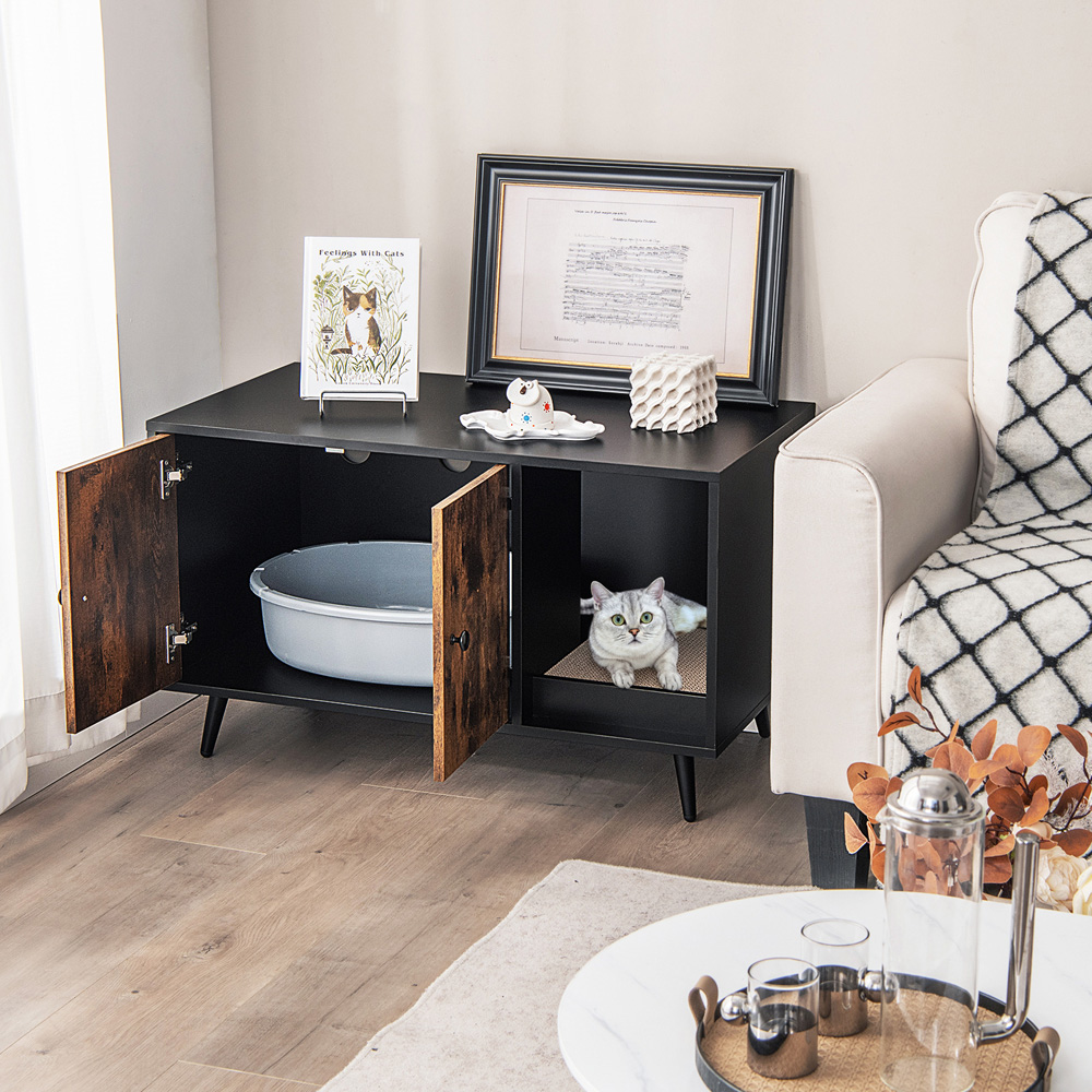 Costway Cat Litter Box Enclosure with 2 Door Cabinet Image 2