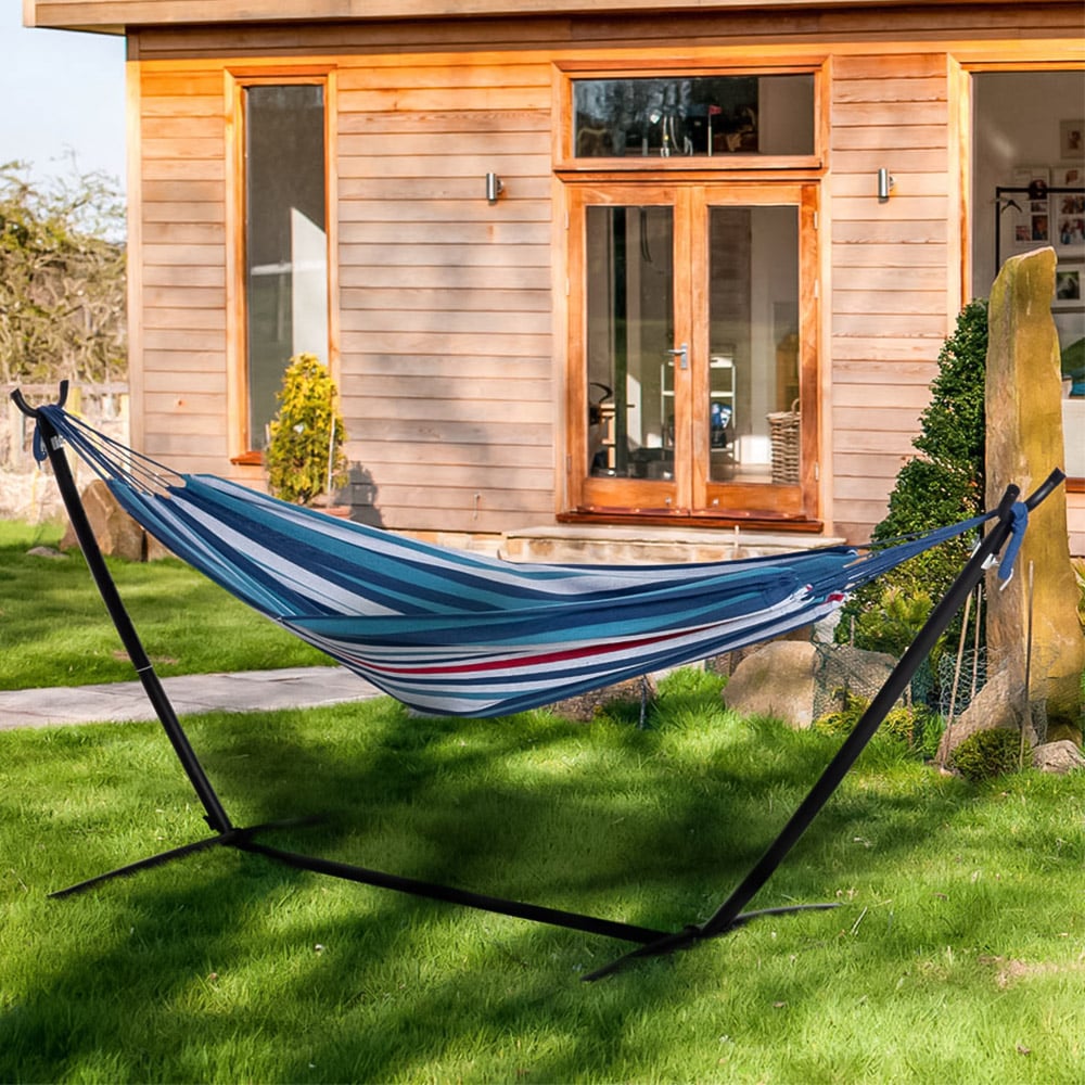 Outsunny Multicolour Stripe Hammock with Stand Image 1