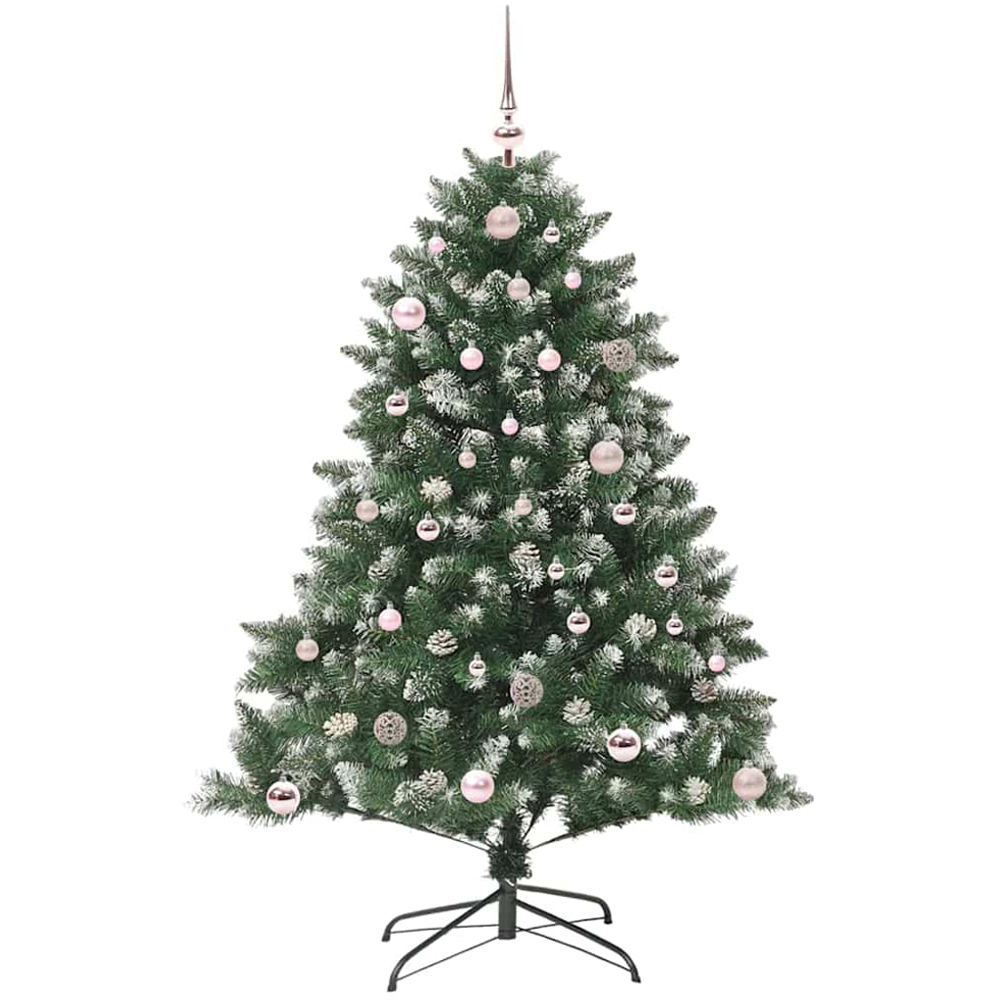 vidaXL Pre-Lit Pink Baubles Green Artificial Snow Tipped Christmas Tree 5ft Image 1
