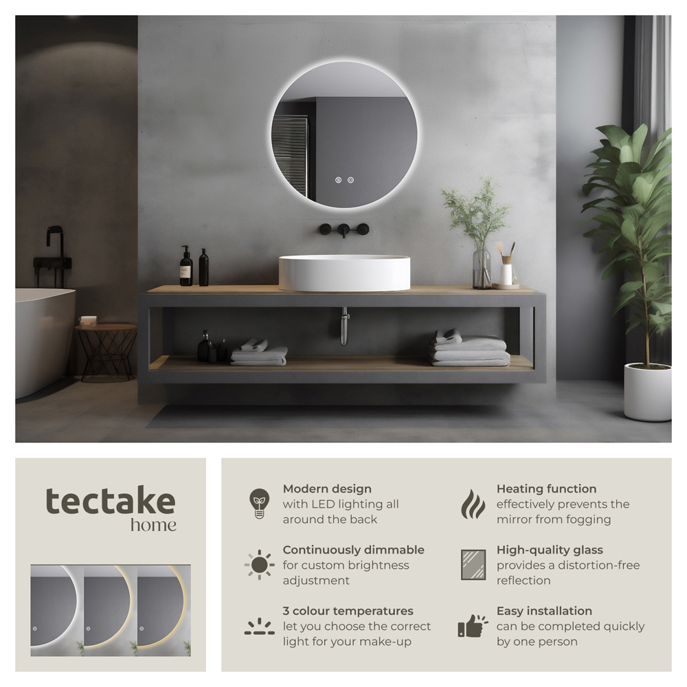 tectake Aurora Multicolour Anti-Fog Frameless Round LED Bathroom Wall Mirror 60cm Image 6